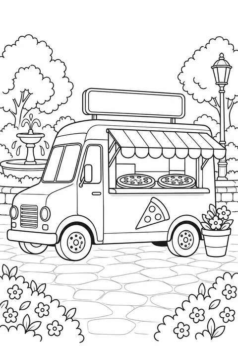 A parked pizza truck has an awning, two pizzas at the service window and a flowerpot nearby.