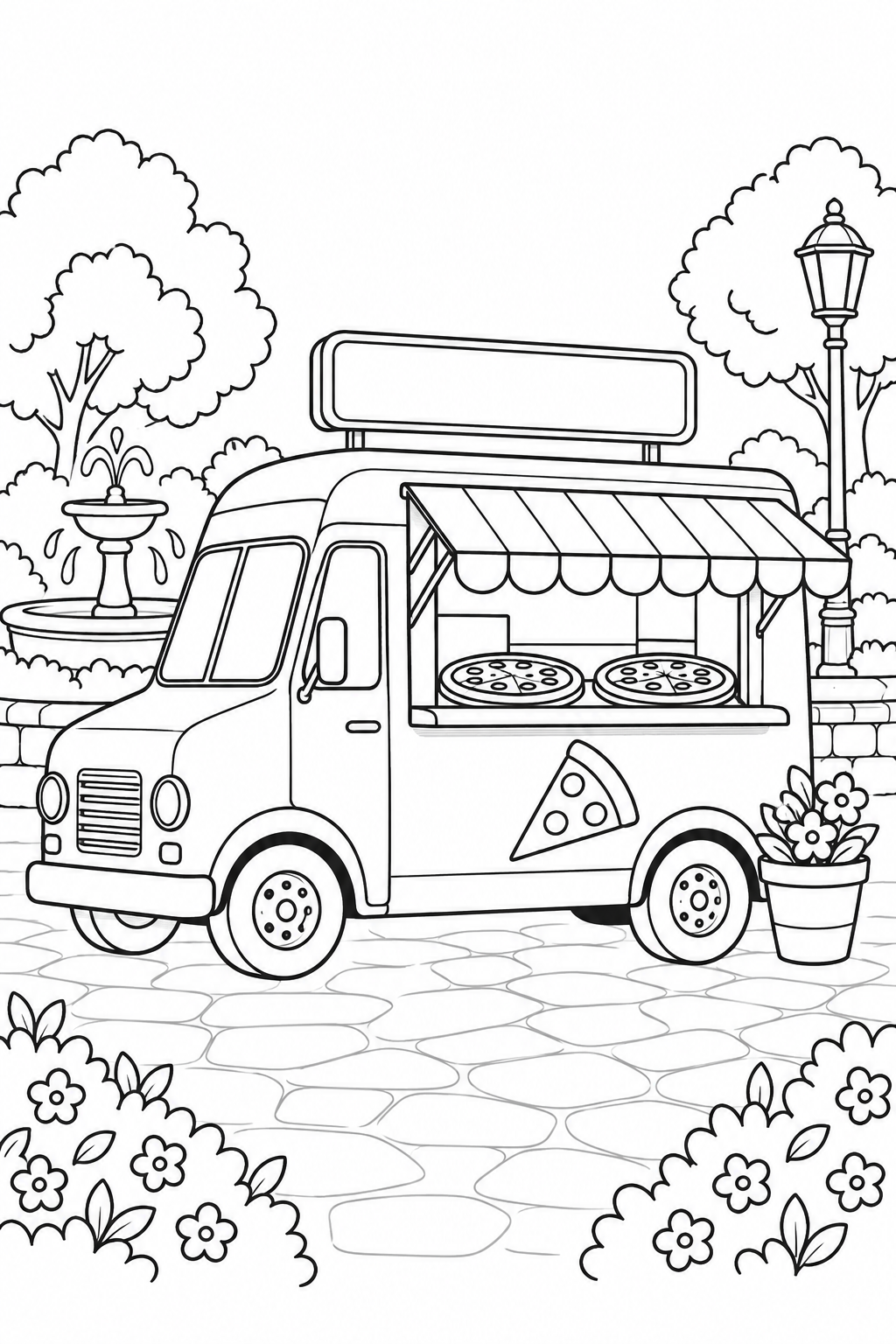A parked pizza truck has an awning, two pizzas at the service window and a flowerpot nearby.