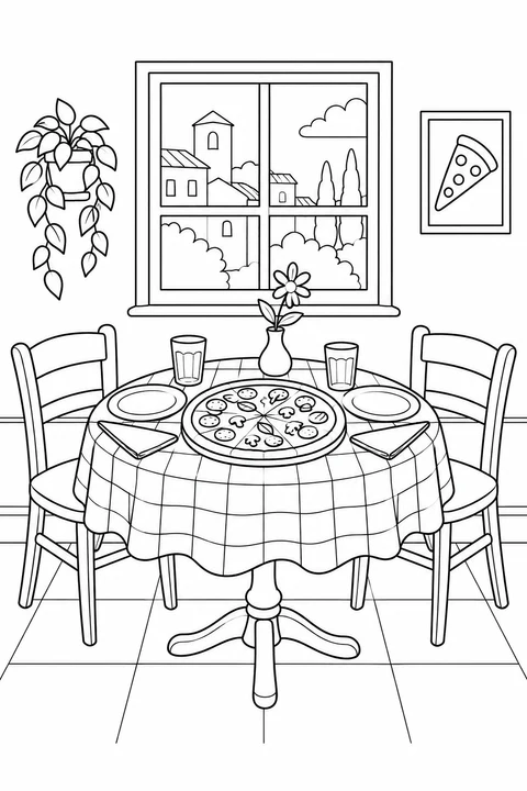 A whole pizza sits on a table set for two, with plates, glasses, napkins and a flower vase.