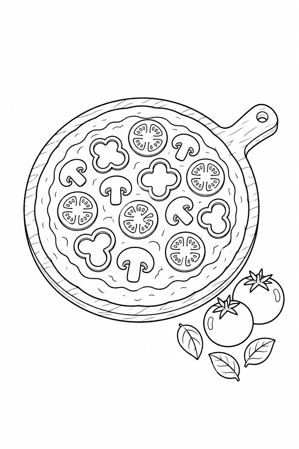 A round pizza with tomato slices, mushroom shapes and flower-shaped toppings sits on a handled board beside two tomatoes and three leaves.
