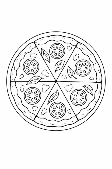 A round pizza is divided into six slices, with a tomato round and a leaf on each slice.