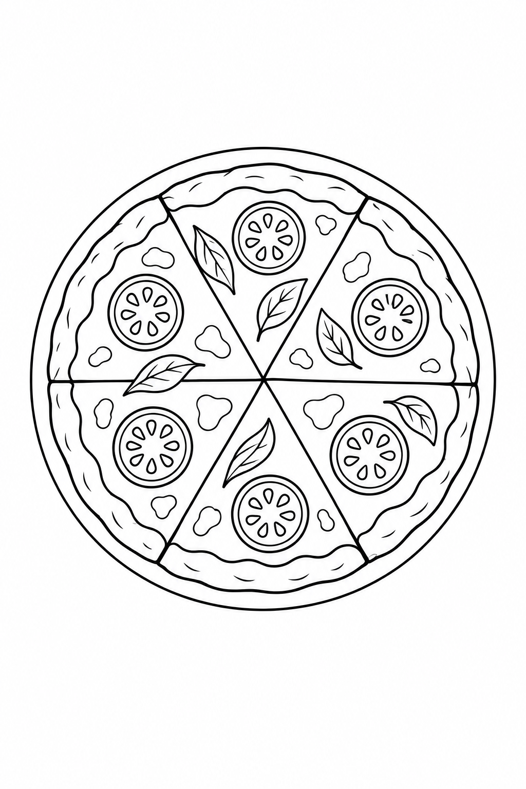 Une pizza ronde est divisée en six parts, chacune avec une rondelle de tomate et une feuille.