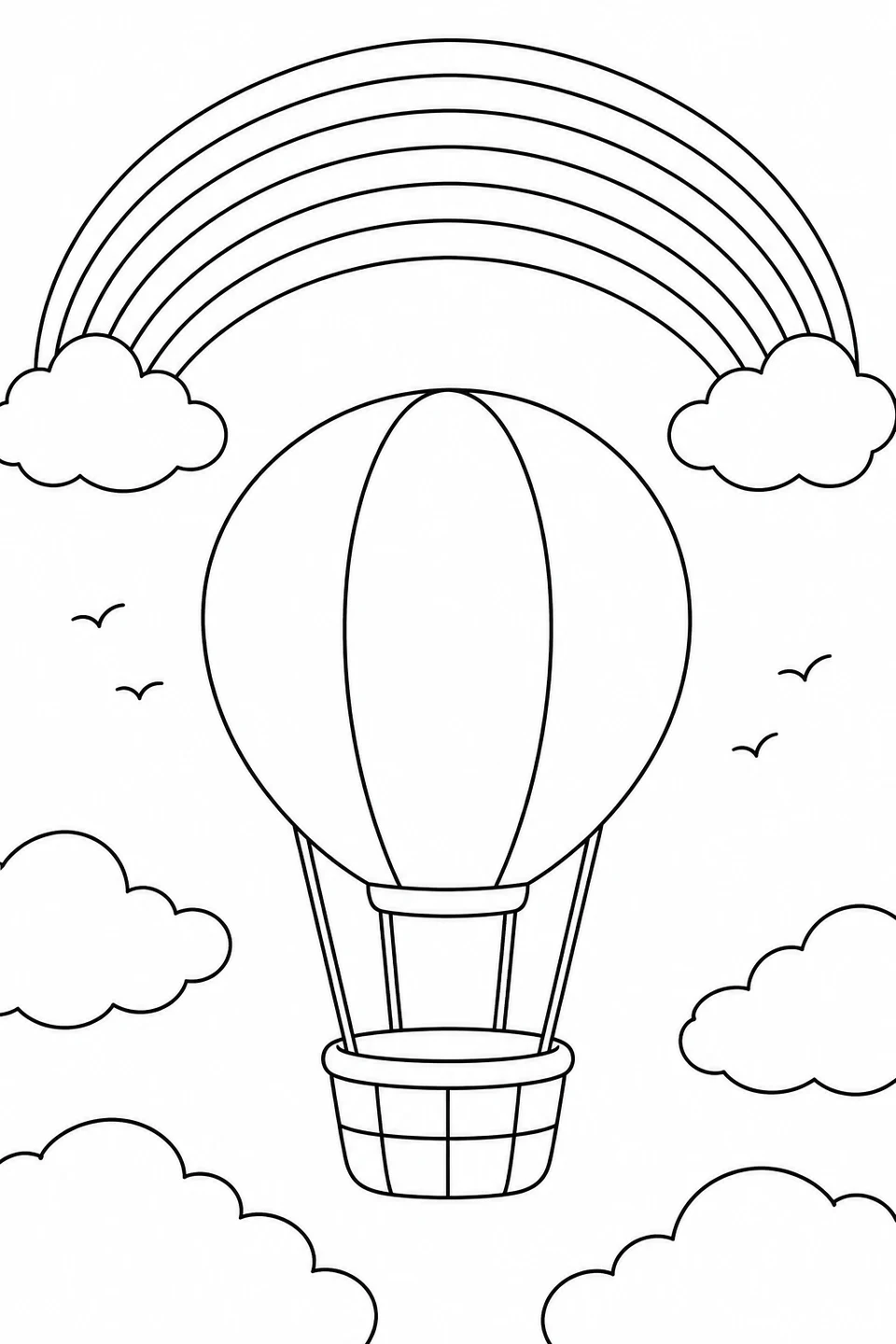 An empty hot air balloon floats below a wide rainbow among clouds and distant birds.