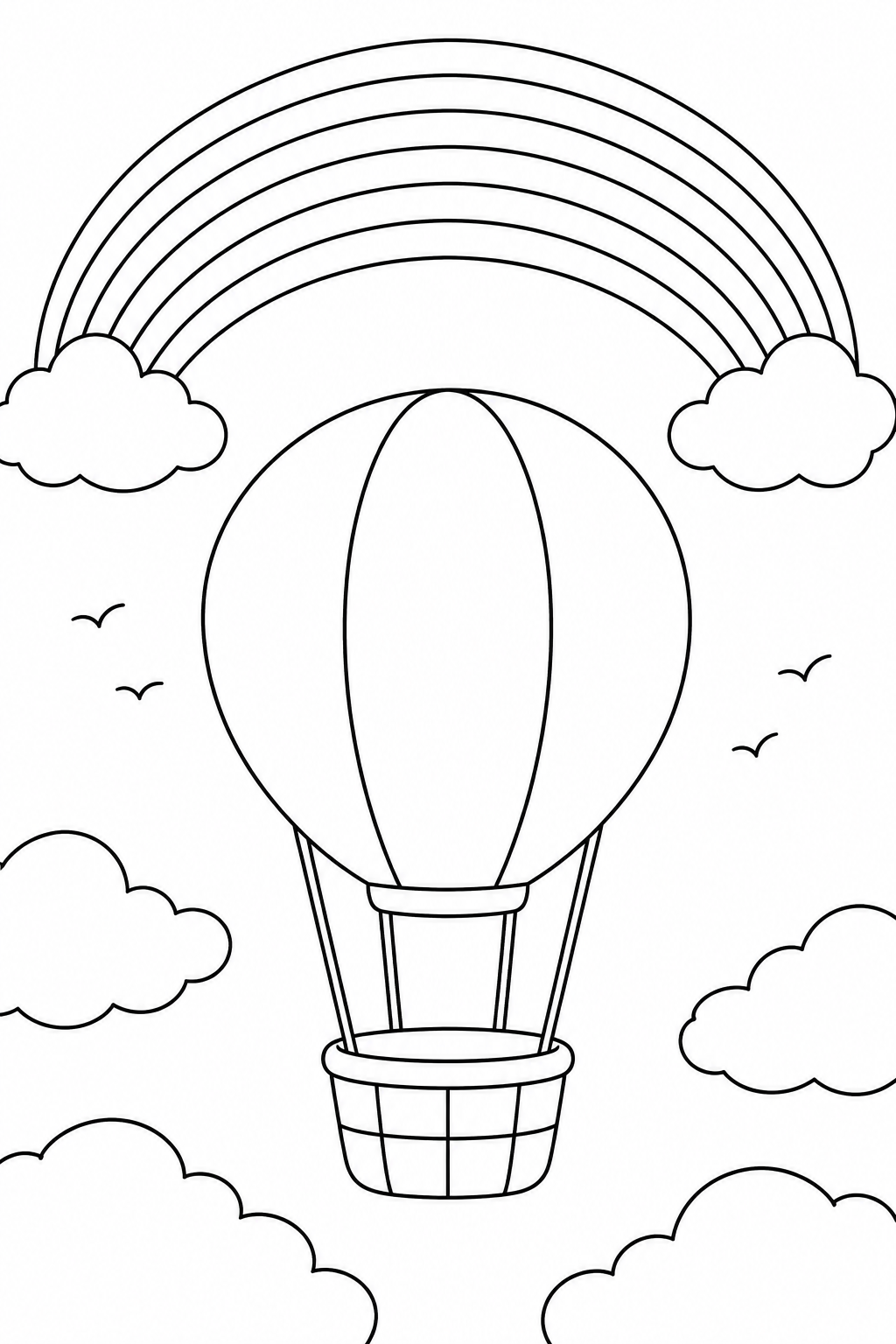 An empty hot air balloon floats below a wide rainbow among clouds and distant birds.