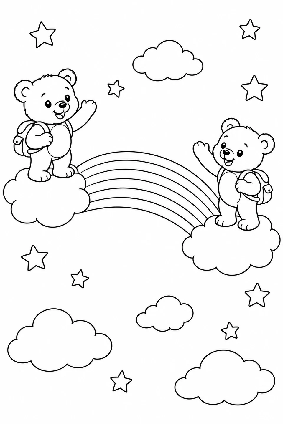 Two teddy bears with backpacks wave from clouds at the ends of a magical rainbow bridge.