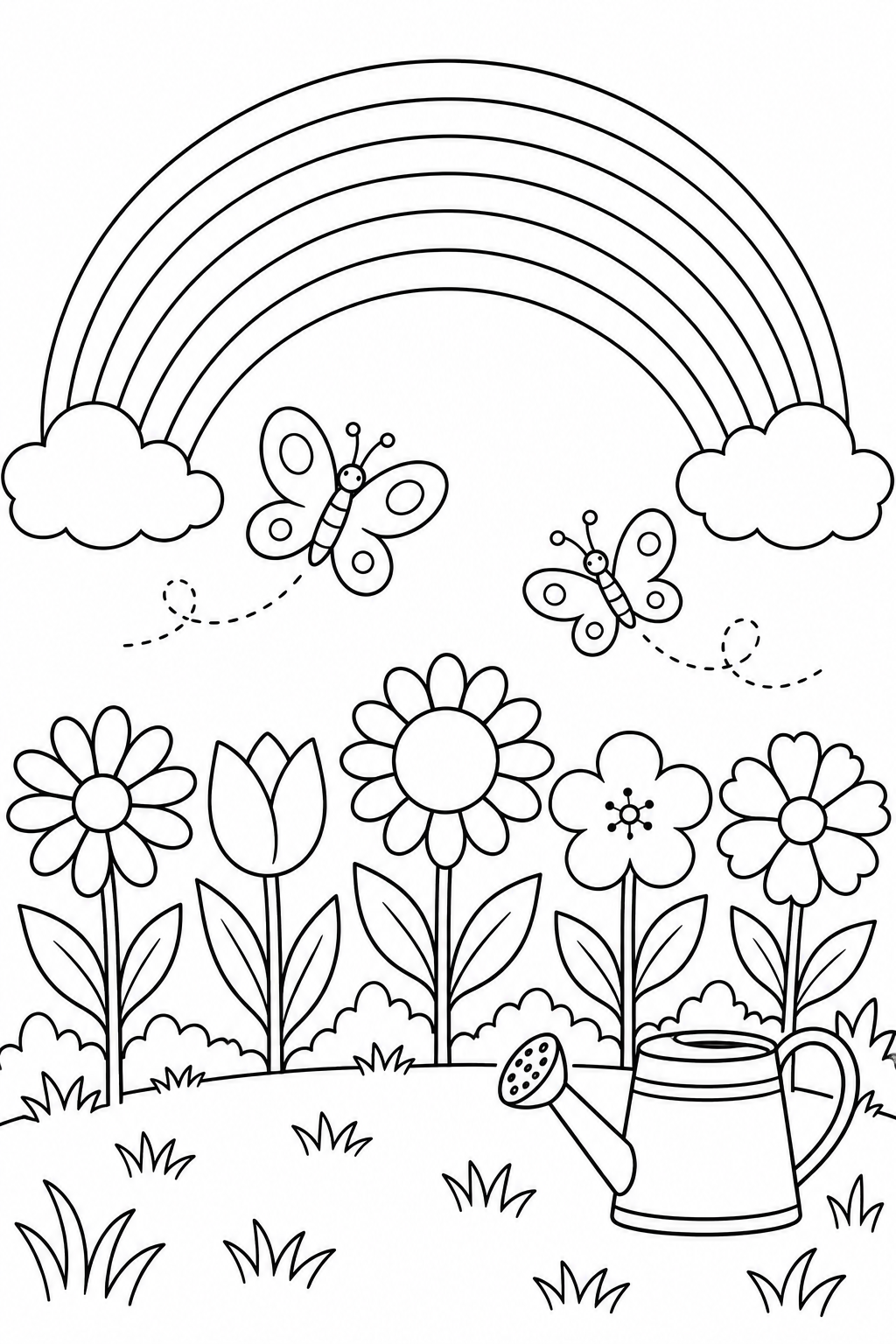 A rainbow arches over five flowers, two butterflies and a watering can in a simple garden.