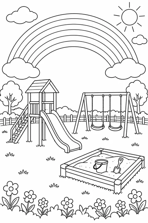 A rainbow stretches above an empty playground with a slide, two swings and a sandbox.