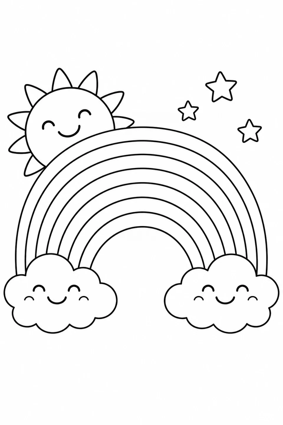 A broad rainbow joins two smiling clouds, with a smiling sun peeking from behind its upper left side and three stars to the right.