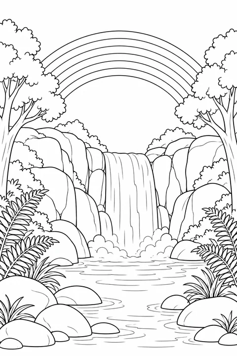 A rainbow spans a waterfall and rocky pool framed by leafy trees, ferns and smooth stones.