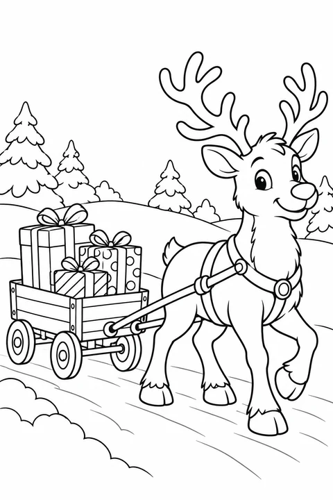Ein Rentier zieht einen Holzwagen mit drei eingepackten Geschenken.