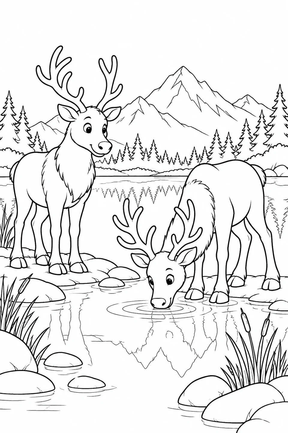 Zwei Rentiere stehen an einem Bergsee. Eines beugt sich zum Trinken hinunter.
