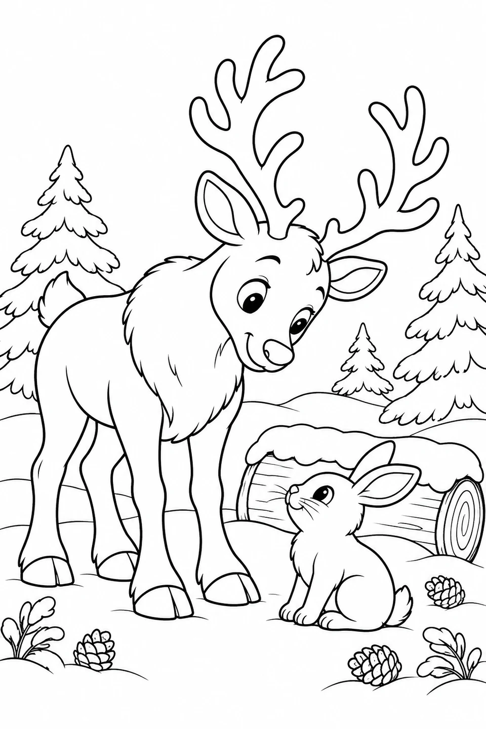 Ein Rentier und ein Kaninchen begegnen sich neben einem verschneiten Baumstamm.