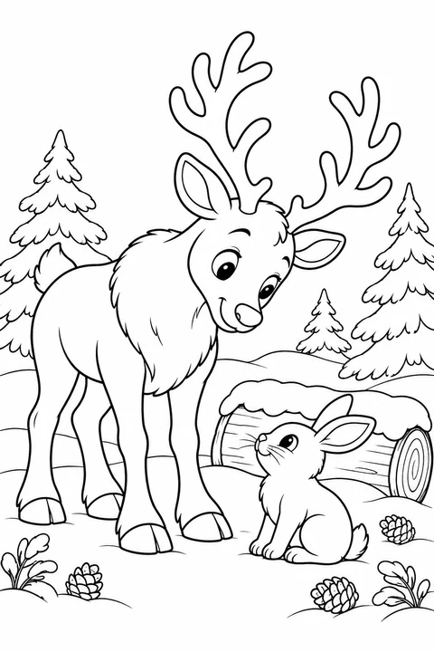 Ein Rentier und ein Kaninchen begegnen sich neben einem verschneiten Baumstamm.