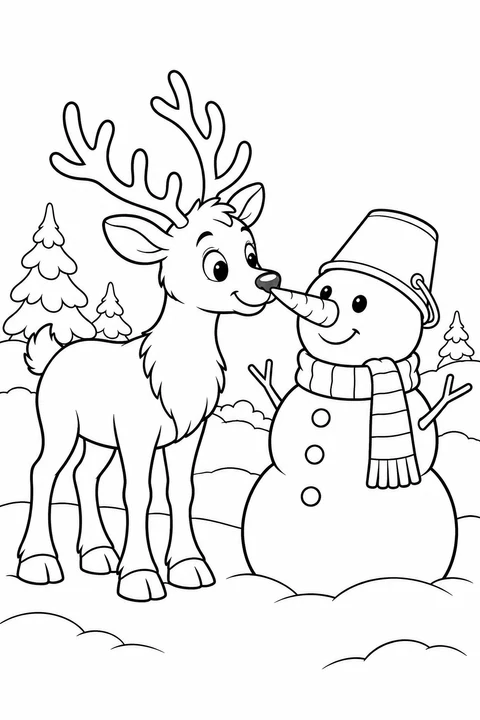 Ein Rentier berührt vorsichtig die Karottennase eines fröhlichen Schneemanns.