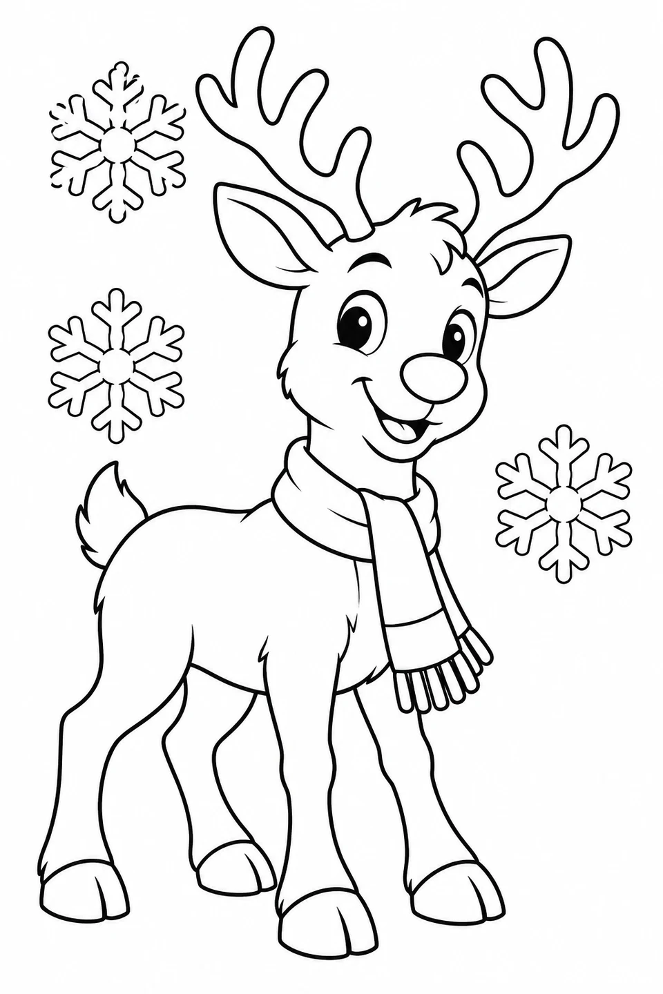 A smiling reindeer wears a striped scarf, surrounded by three large snowflakes.