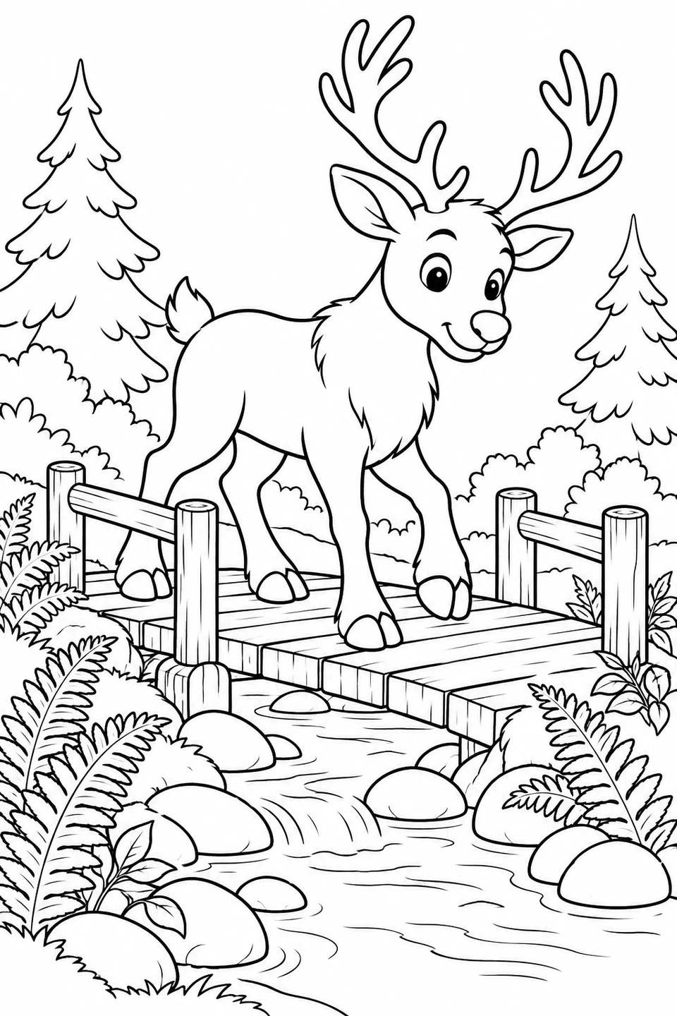 Ein Rentier überquert eine Holzbrücke über einen von Farnen gesäumten Bach.