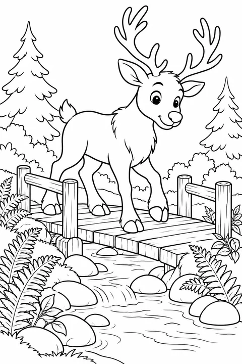 Ein Rentier überquert eine Holzbrücke über einen von Farnen gesäumten Bach.