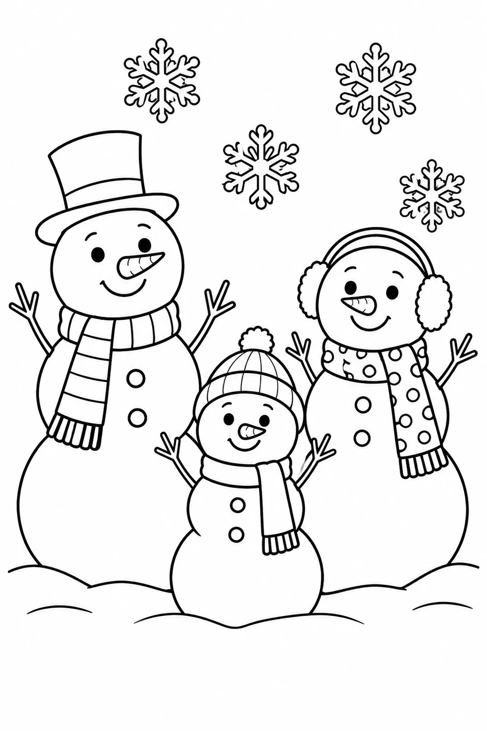Three snowmen with different hats and earmuffs beneath snowflakes