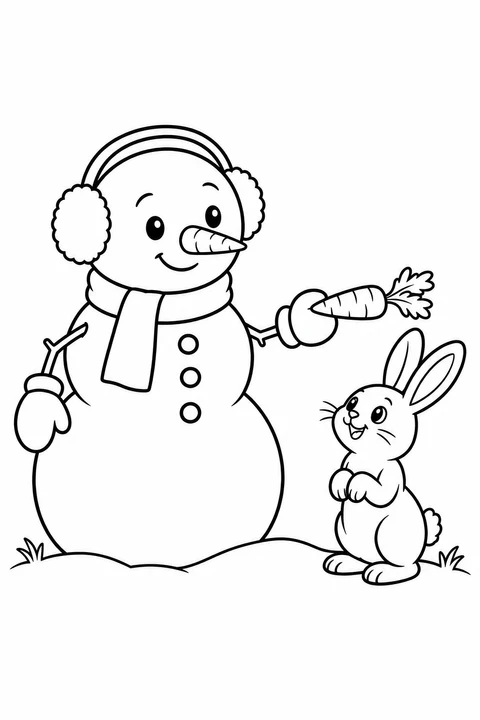 Snowman in earmuffs offering a carrot to a rabbit