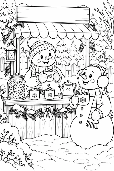 Two snowmen holding mugs at a stall with cookies and a blank sign