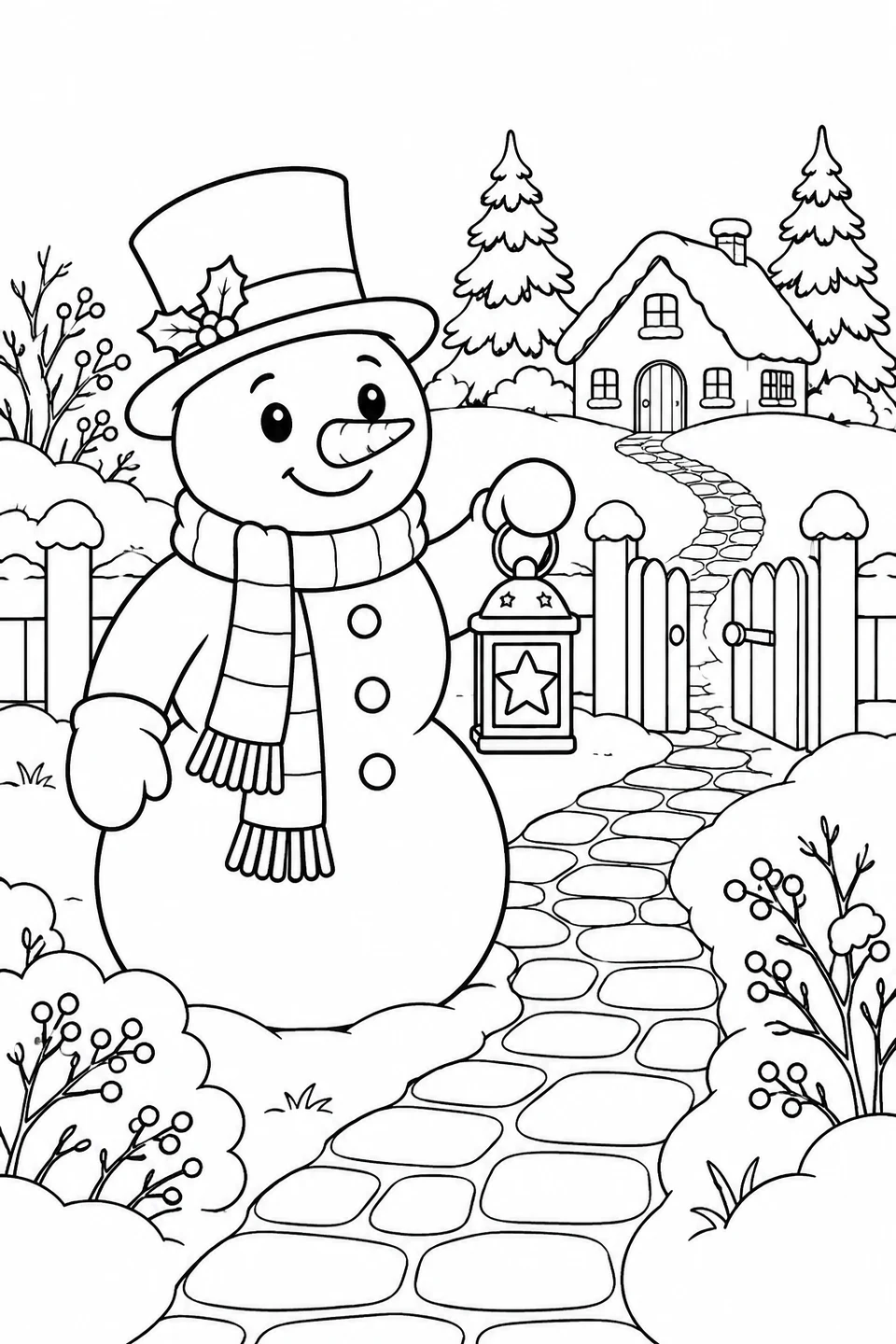 Snowman holding a star lantern beside a gate and a path to a cottage