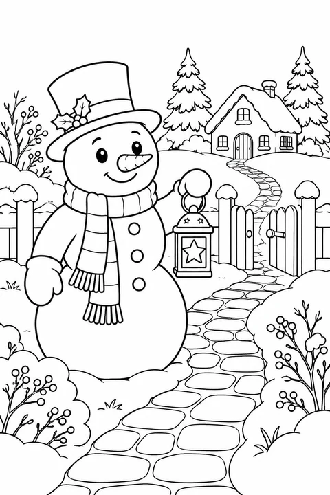 Snowman holding a star lantern beside a gate and a path to a cottage