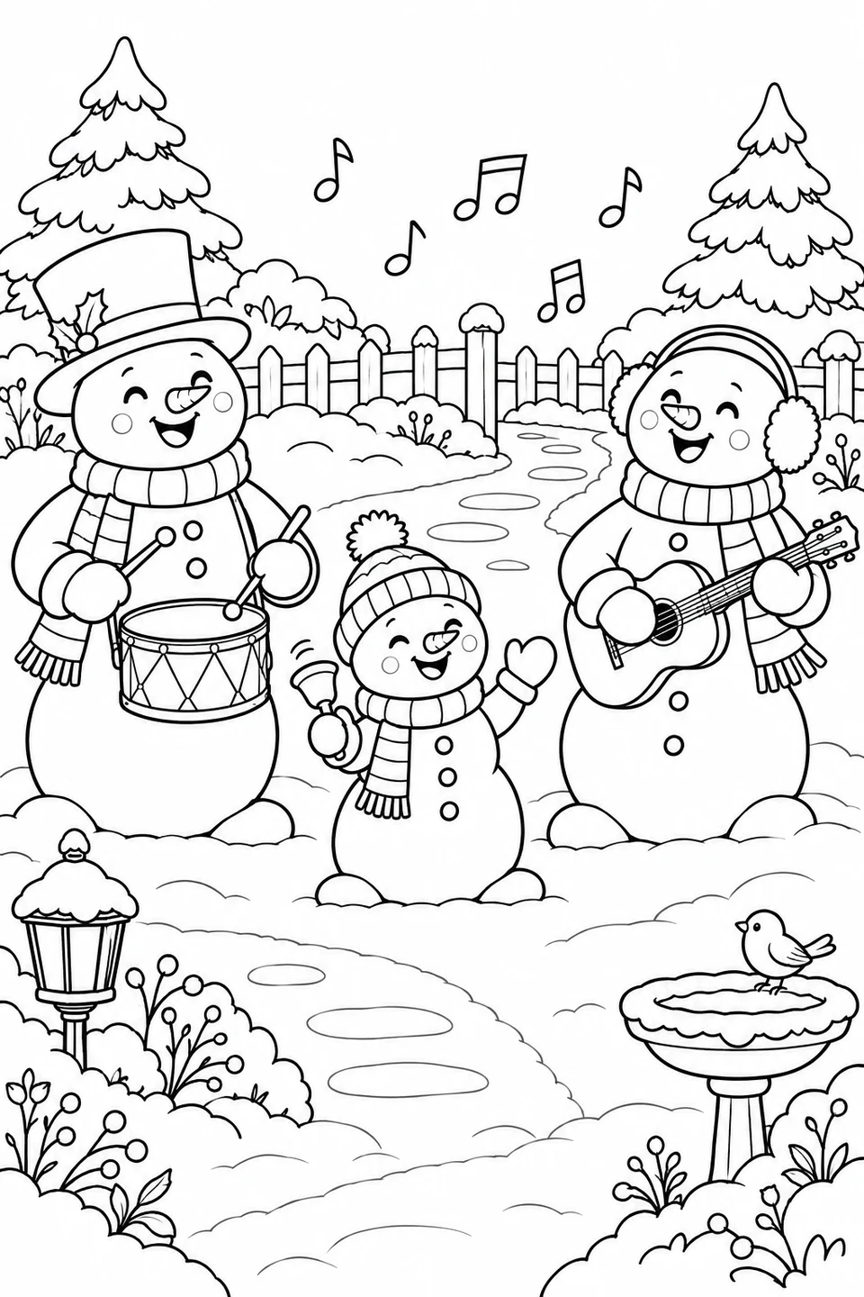 Three snowmen playing a drum, handbell and guitar in a snowy garden