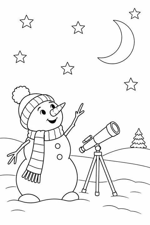 Snowman pointing at a crescent moon and stars beside a telescope
