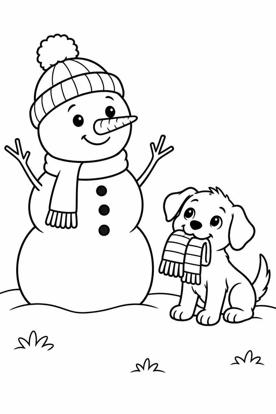 Dog carrying a striped scarf beside a snowman in a knitted hat