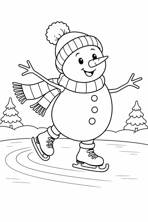 Snowman on ice skates with twig arms spread and scarf trailing