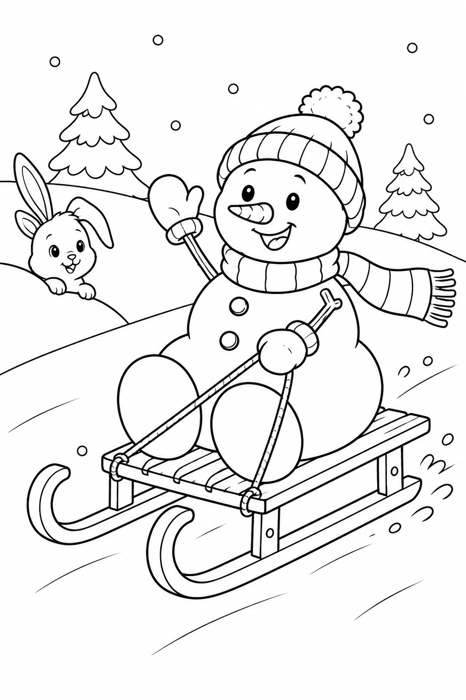 Snowman waving on a wooden sled as a rabbit watches