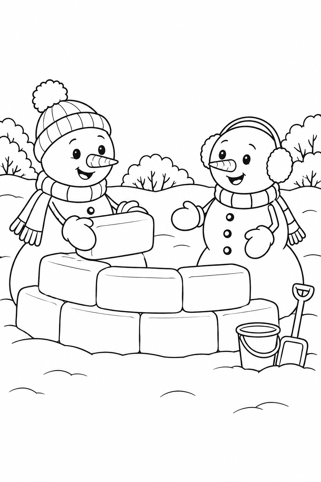 Twee sneeuwpoppen bouwen een sneeuwmuurtje naast een emmer en schep