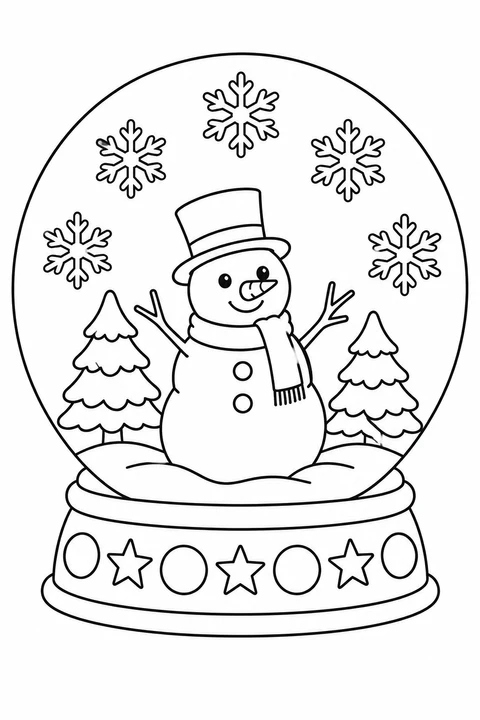 Snowman, two snowy trees and snowflakes inside a snow globe