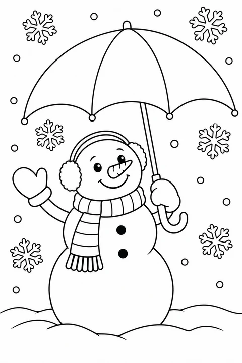 Snowman with earmuffs waving beneath a large open umbrella