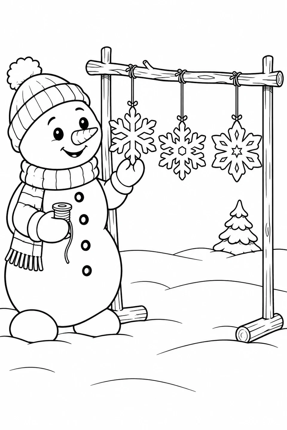 Snowman holding a spool beside three hanging snowflake decorations