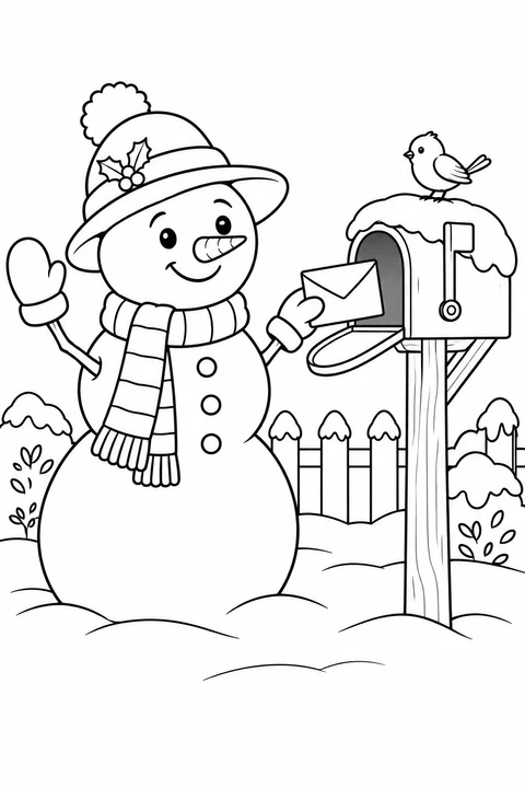 Snowman with an envelope beside an open mailbox with a bird on top