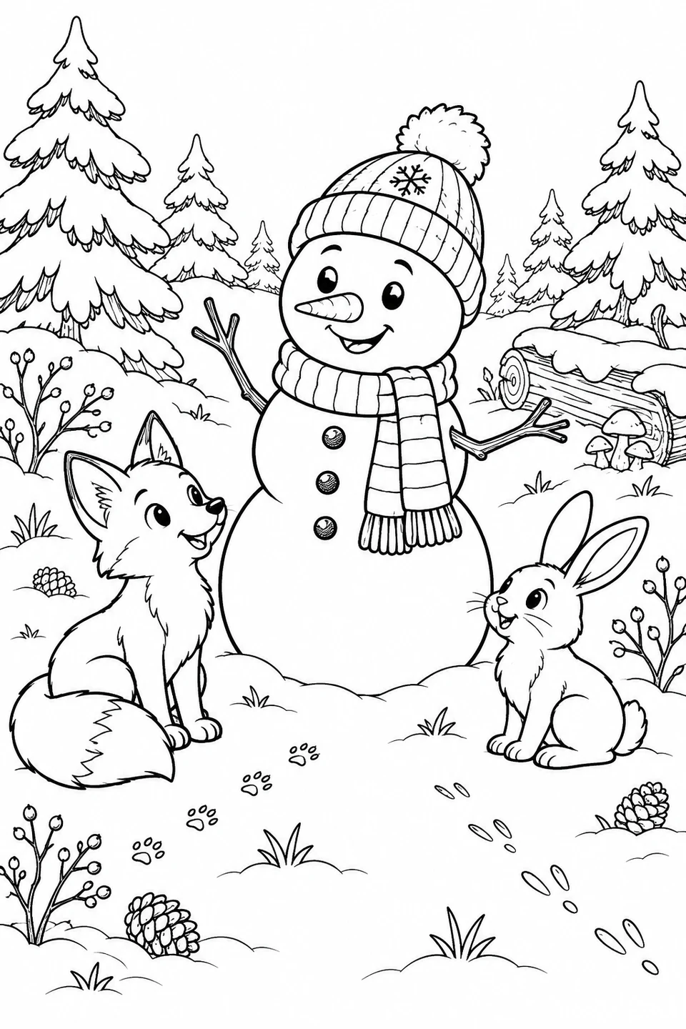 Sneeuwpop tussen een vos en konijn, met besneeuwde bomen en dierensporen