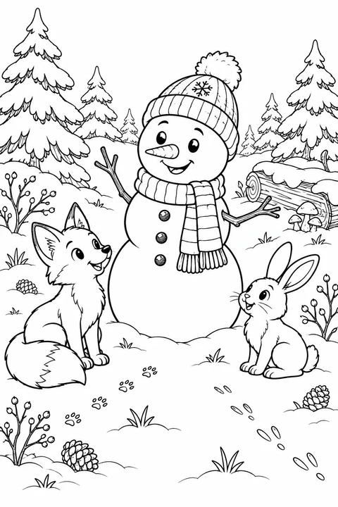 Snowman between a fox and rabbit, with snowy trees and animal tracks