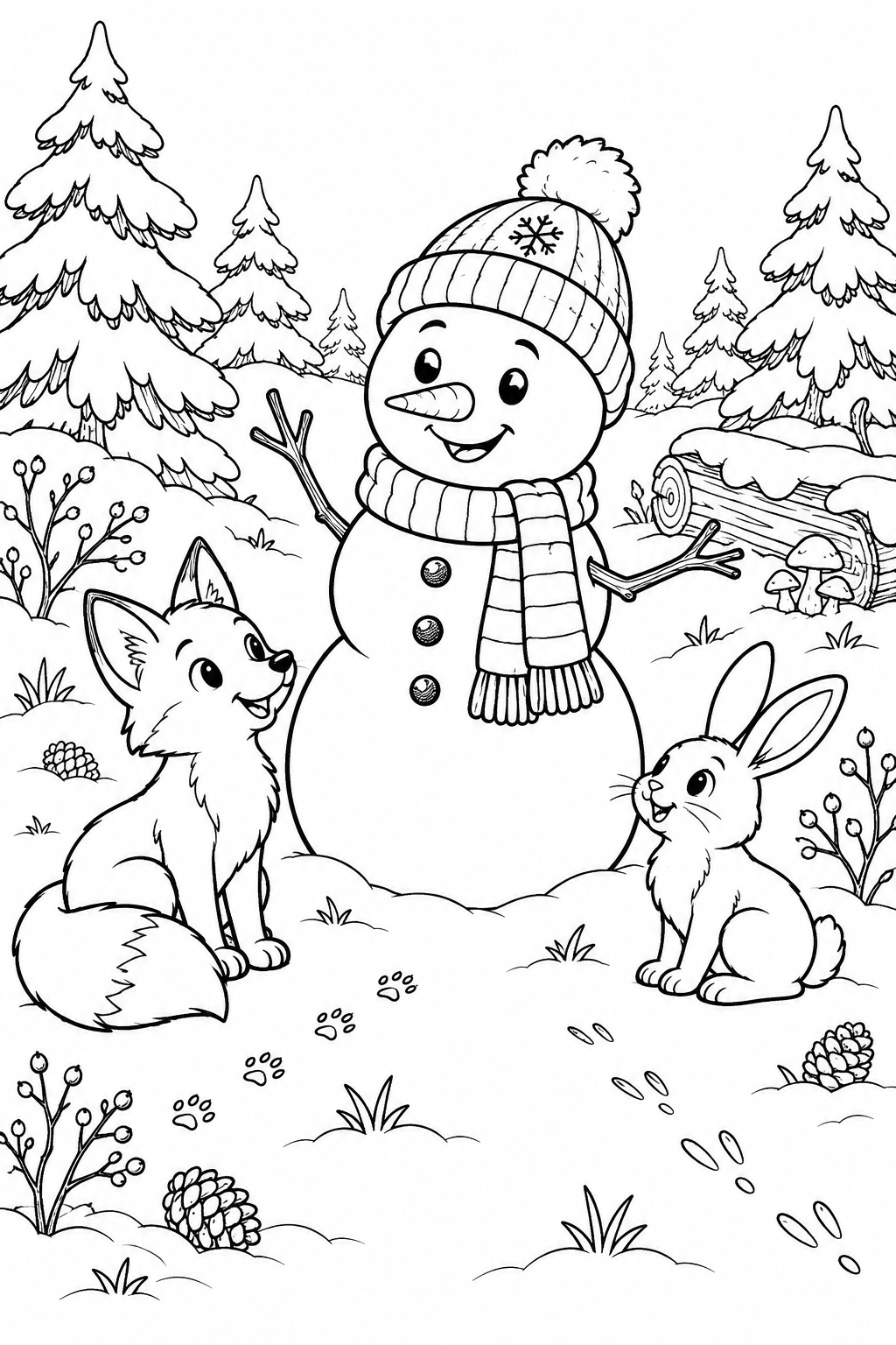 Sneeuwpop tussen een vos en konijn, met besneeuwde bomen en dierensporen