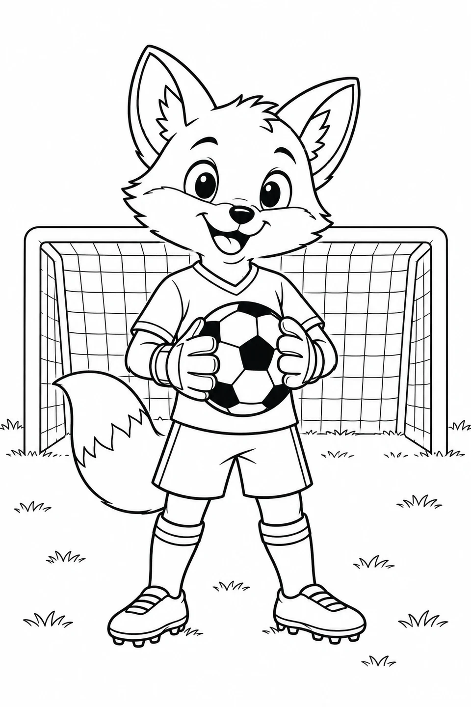 A cheerful fox in soccer kit holds a ball in its gloves in front of a goal.