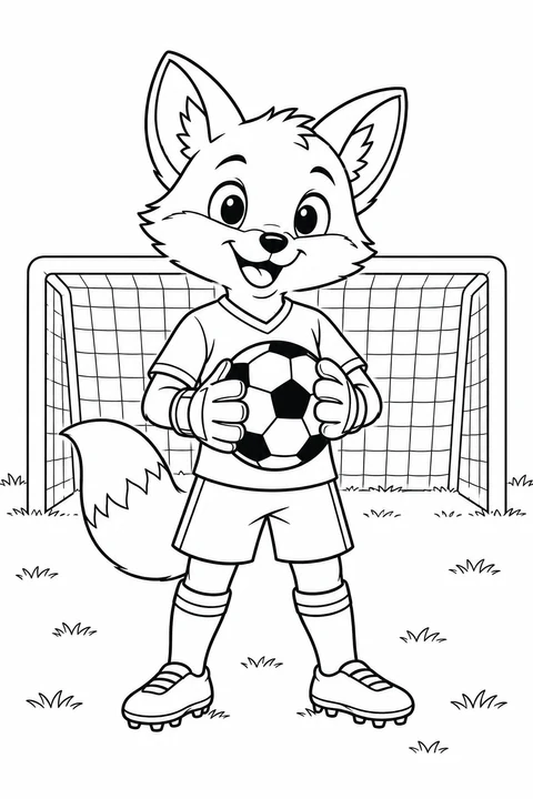 A cheerful fox in soccer kit holds a ball in its gloves in front of a goal.