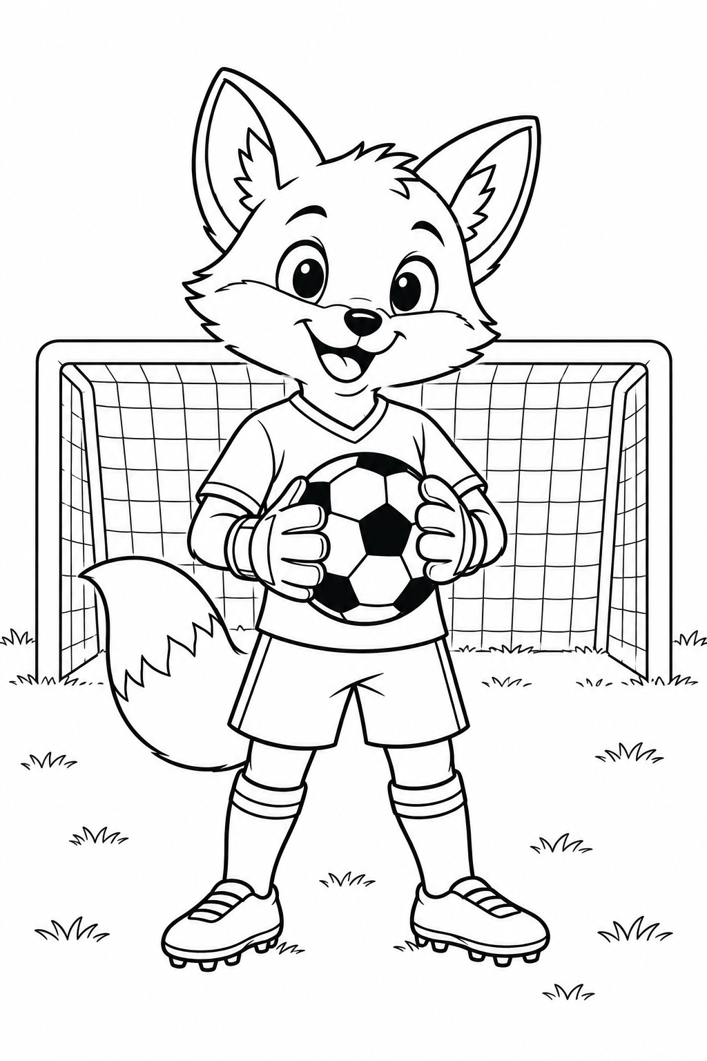A cheerful fox in soccer kit holds a ball in its gloves in front of a goal.