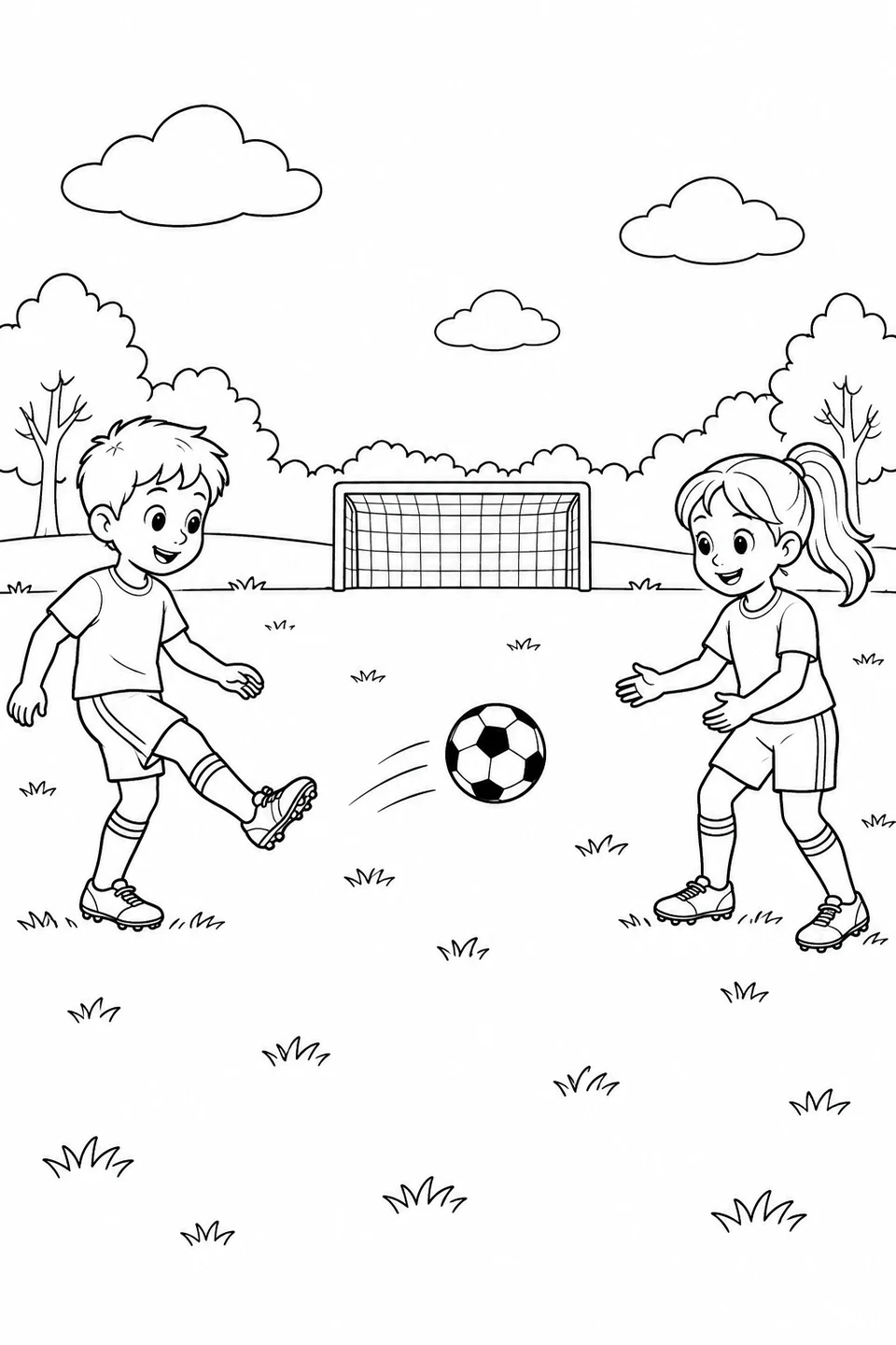 A boy kicks a soccer ball toward a girl during practice on a grassy field.