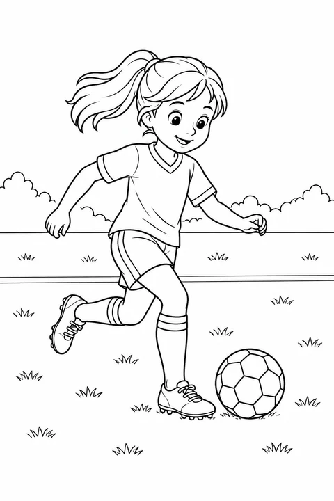 A girl in soccer kit runs beside a ball on the grassy field.