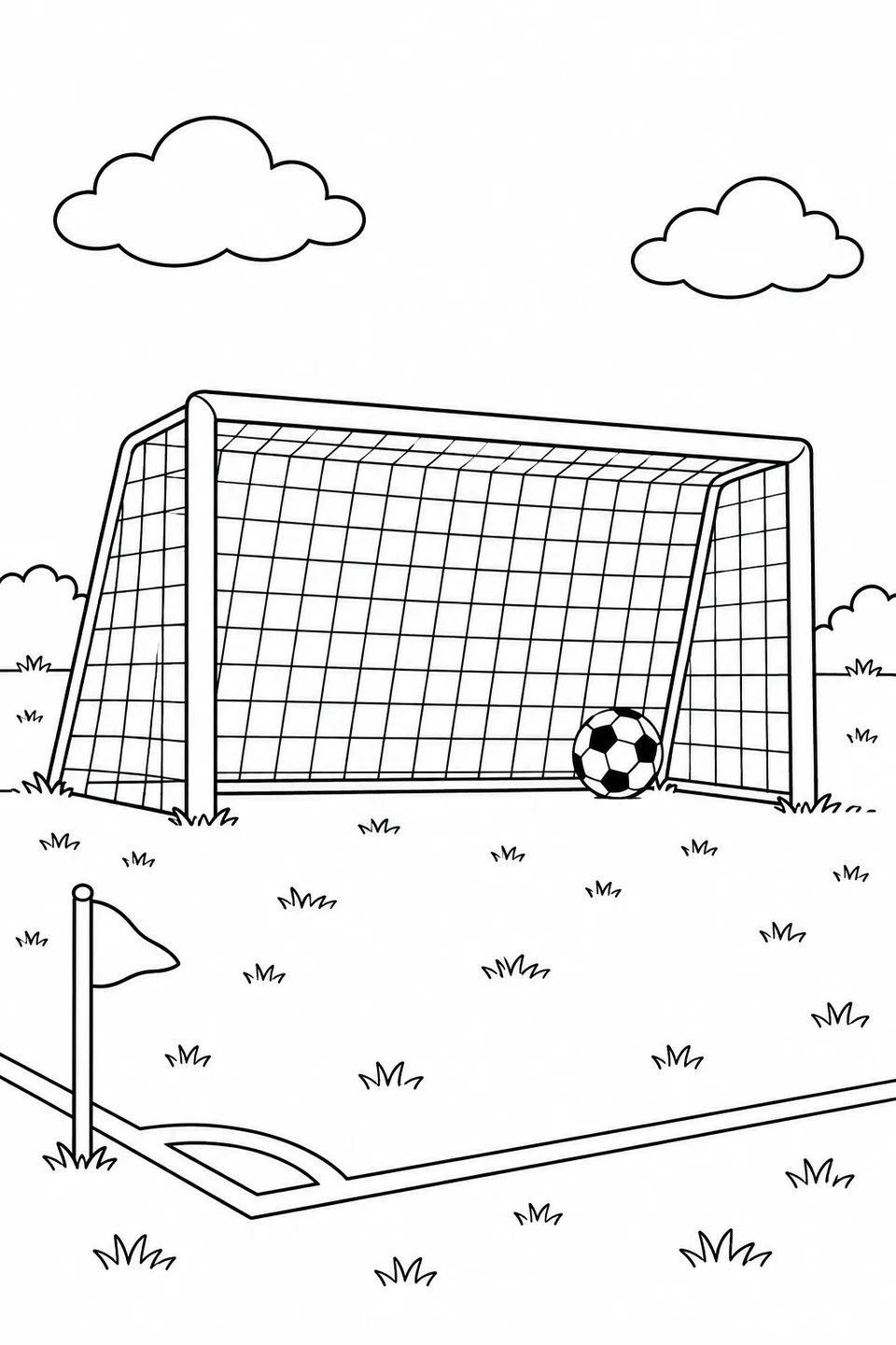 A soccer ball rests inside an empty goal, with a corner flag on the grassy field.
