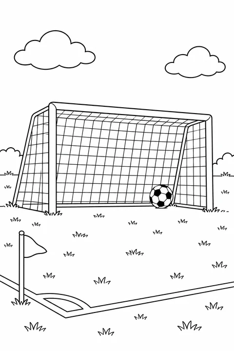 A soccer ball rests inside an empty goal, with a corner flag on the grassy field.