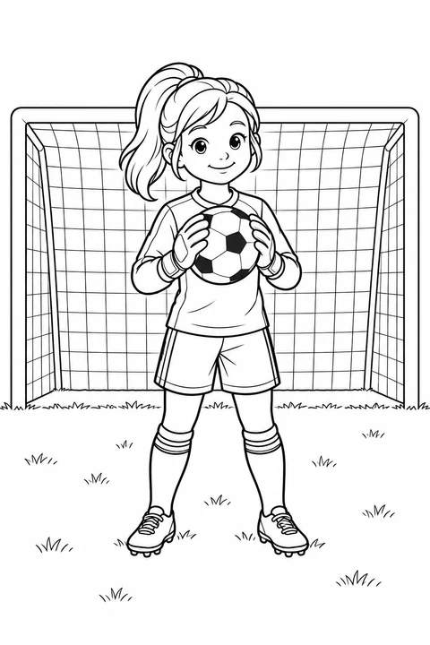 A smiling girl goalkeeper holds a soccer ball in her gloves in front of the net.
