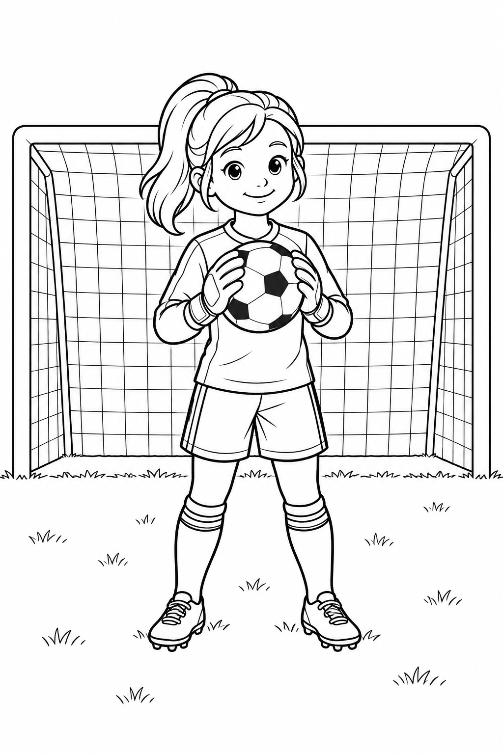 Uma menina sorridente segura a bola com luvas diante da rede.