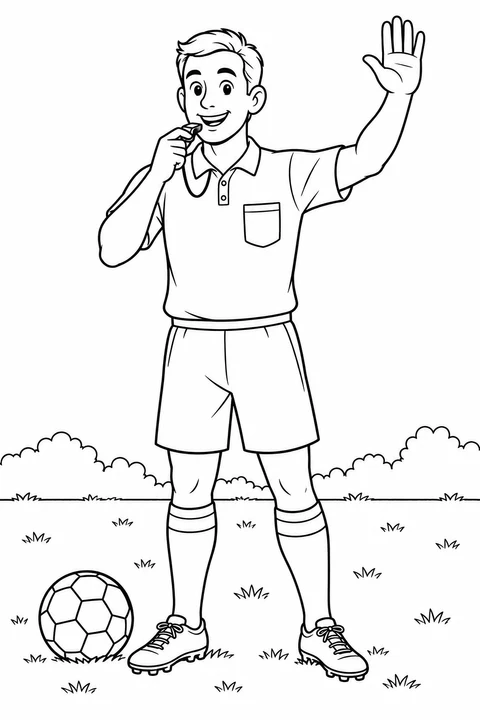 A smiling referee in a plain polo holds a whistle and raises an open hand beside a soccer ball.