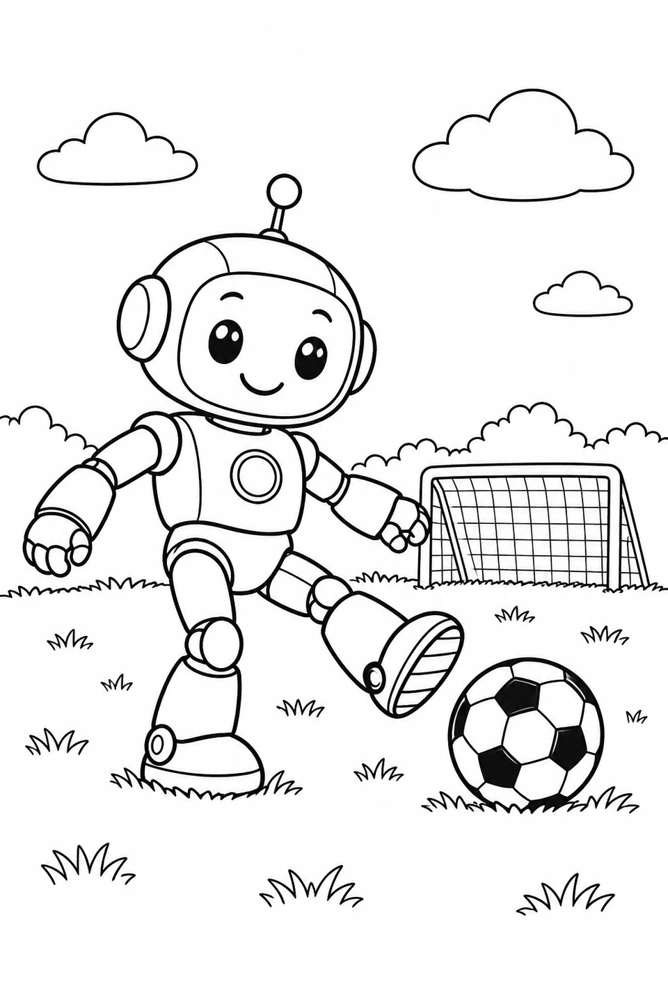 A friendly round robot lifts one foot toward a soccer ball on grass beside a goal.